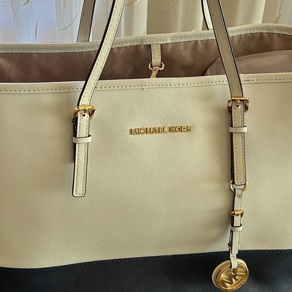 Michael Kors blue and white large tote bag
